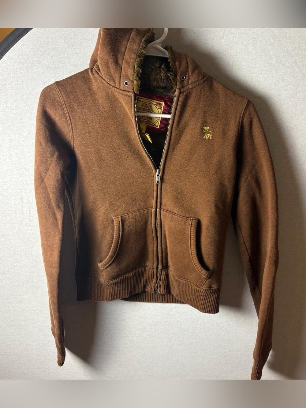 Vintage Y2K Abercrombie & Fitch fur hoodie zip up brown small